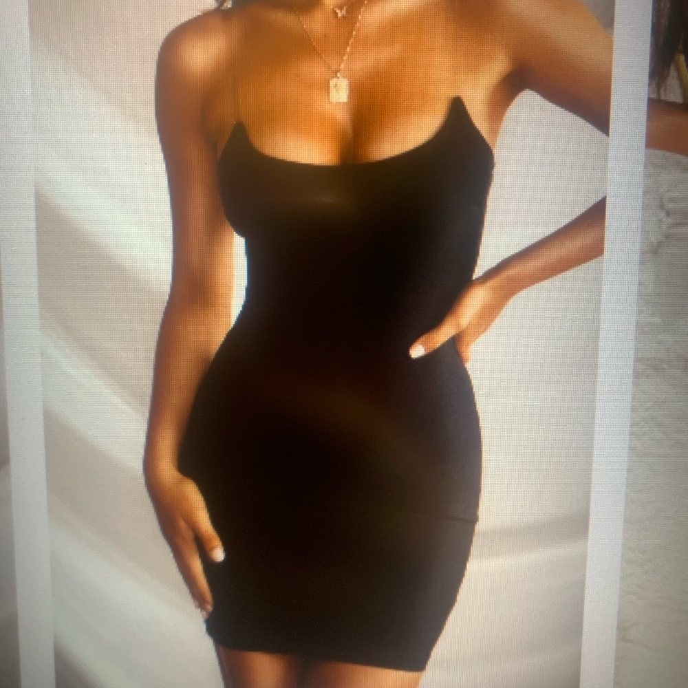 Black mini dress, clear straps